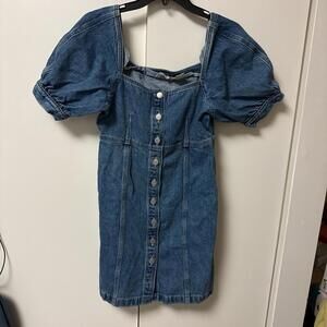Levis Women’s blue denim short dress Small Babydoll Y2K western puff sleeve